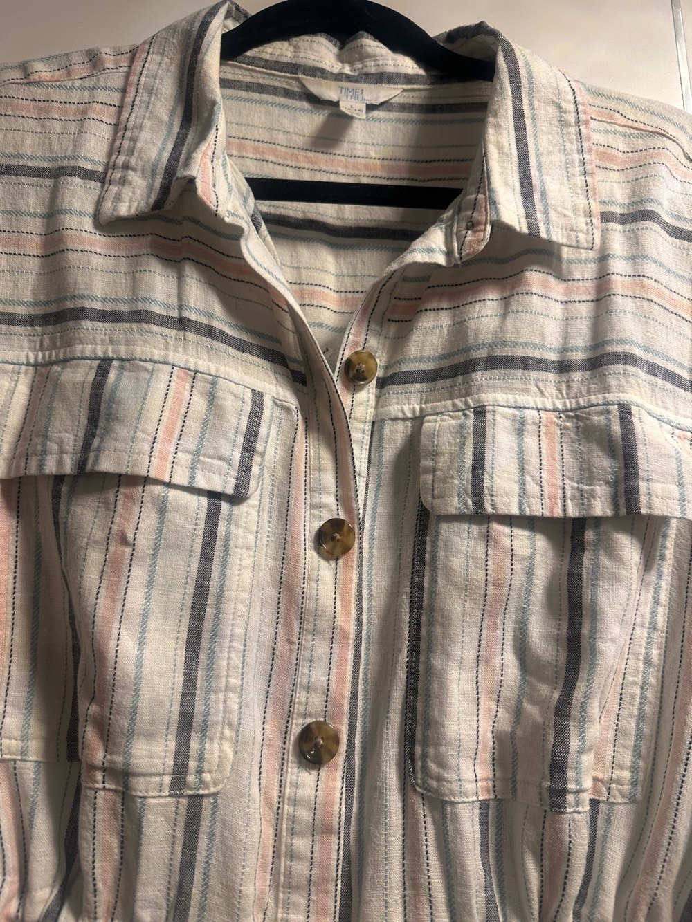 Time and Tru Large 12-14 Striped Linen Blend Midi Dress Button Down Drawstring - Picture 3 of 9